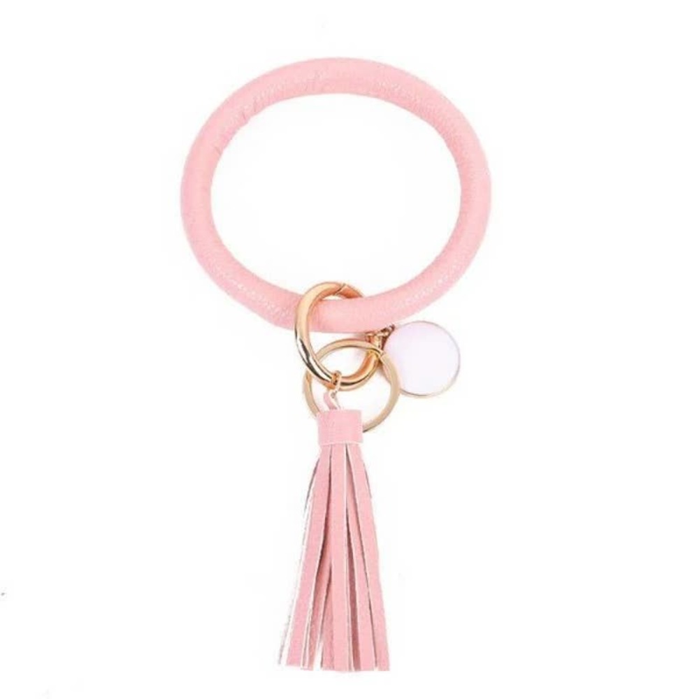 Solid Pink Vegan Leather Tassel Bangle Keychain~~NWOT